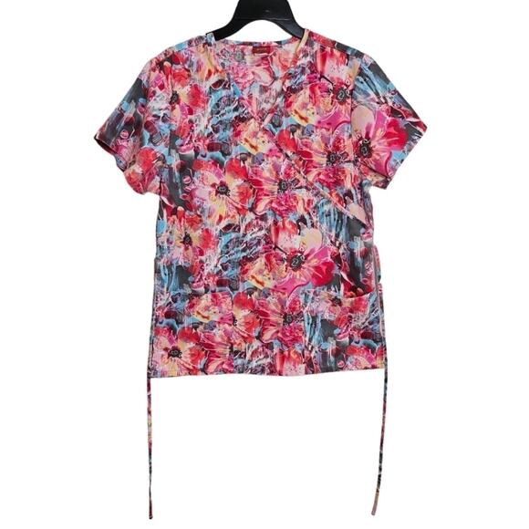 Denice Floral Scrub Top Cotton Blend Short Sleeve Two Front Pockets - Picture 5 of 6